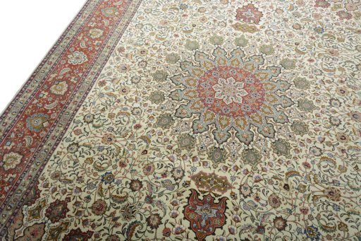 Backside of handmade New Tabriz 50/60/70 Raj rug showing knot structure and weave density