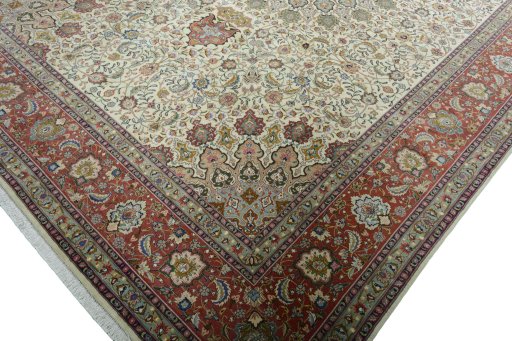 Full view of New Tabriz 50/60/70 Raj rug from Iran / Persia, 352 × 250 cm in Beige tones