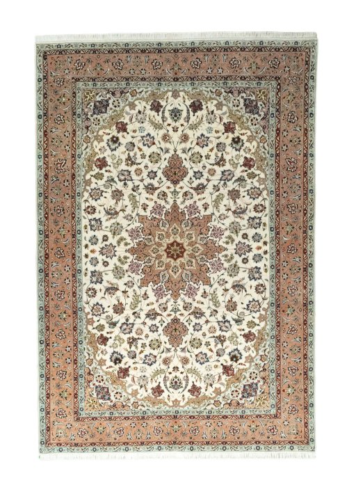 Full view of New Tabriz 50/60/70 Raj rug from Iran / Persia, 296 × 200 cm in Beige tones