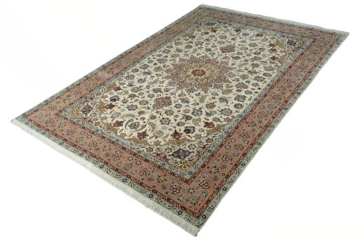 Corner detail of New Tabriz 50/60/70 Raj rug showing border pattern and Cork pile