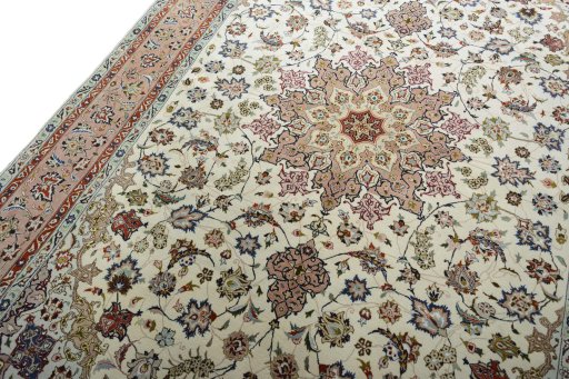 Backside of handmade New Tabriz 50/60/70 Raj rug showing knot structure and weave density