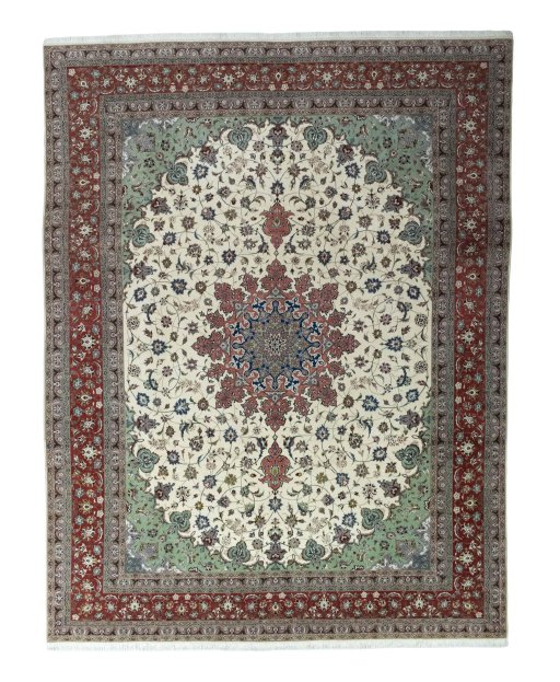 Full view of New Tabriz 50/60/70 Raj rug from Iran / Persia, 394 × 305 cm in Beige tones