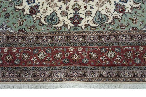 Full view of New Tabriz 50/60/70 Raj rug from Iran / Persia, 394 × 305 cm in Beige tones