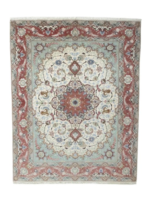 Full view of New Tabriz 50/60/70 Raj rug from Iran / Persia, 198 × 155 cm in Beige tones