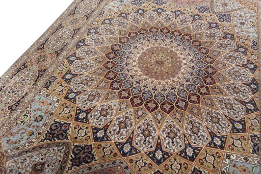 Backside of handmade New Tabriz 50/60/70 Raj rug showing knot structure and weave density