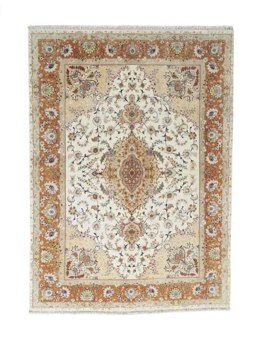Full view of New Tabriz 50/60/70 Raj rug from Iran / Persia, 205 × 150 cm in Beige tones