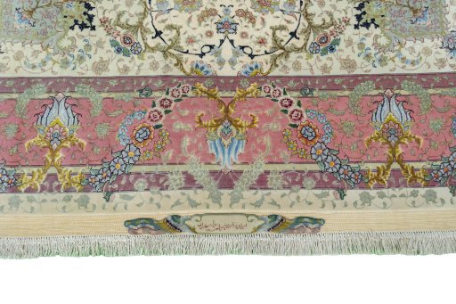 Full view of 2000s Tabriz 50/60/70 Raj rug from Iran / Persia, 214 × 151 cm in Beige tones