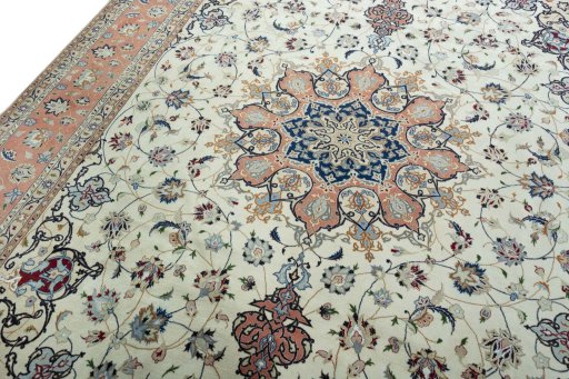 Backside of handmade 2000s Tabriz 50/60/70 Raj rug showing knot structure and weave density