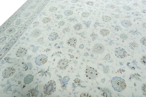 Backside of handmade 2000s Tabriz 50/60/70 Raj rug showing knot structure and weave density