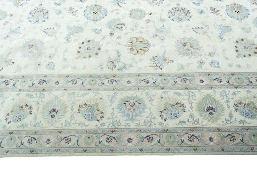 Full view of 2000s Tabriz 50/60/70 Raj rug from Iran / Persia, 397 × 297 cm in Beige tones