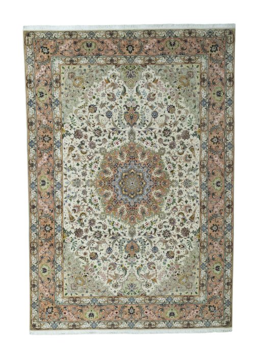 Full view of 2000s Tabriz 50/60/70 Raj rug from Iran / Persia, 360 × 246 cm in Beige tones