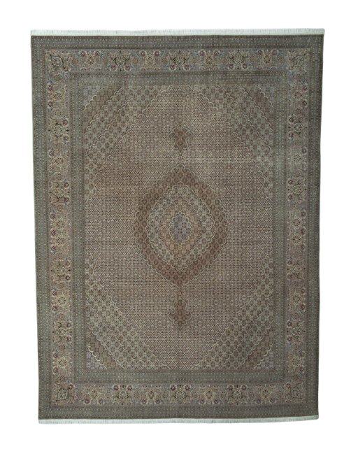 Full view of 2000s Tabriz 50/60/70 Raj rug from Iran / Persia, 407 × 303 cm in Beige tones