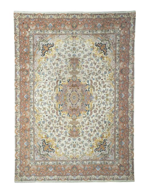 Full view of 2000s Tabriz 50/60/70 Raj rug from Iran / Persia, 408 × 291 cm in Beige tones
