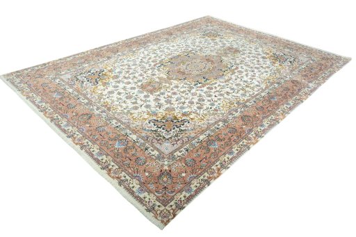Corner detail of 2000s Tabriz 50/60/70 Raj rug showing border pattern and Cork pile