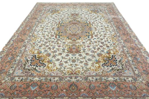 Surface texture of 2000s Tabriz 50/60/70 Raj rug with natural Cork and intricate pattern