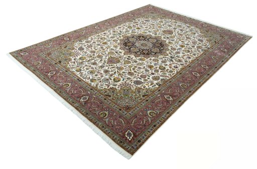 Corner detail of 2000s Tabriz 50/60/70 Raj rug showing border pattern and Cork pile
