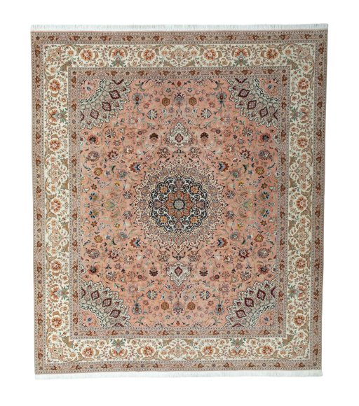 Full view of 2000s Tabriz 50/60/70 Raj rug from Iran / Persia, 297 × 253 cm in Red tones