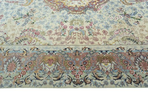 Corner detail of 2000s Tabriz 50/60/70 Raj rug showing border pattern and Cork pile