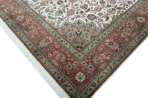 Full view of 2000s Tabriz 50/60/70 Raj rug from Iran / Persia, 344 × 251 cm in Beige tones