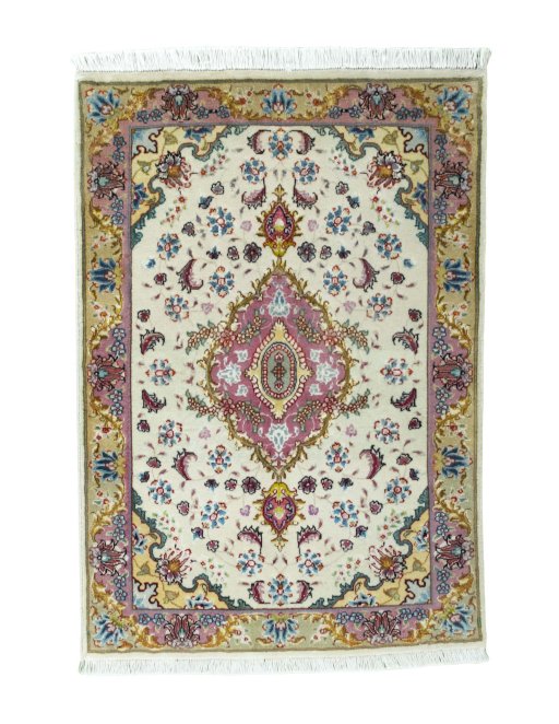 Full view of 2000s Tabriz 50/60/70 Raj rug from Iran / Persia, 88 × 60 cm in Beige tones