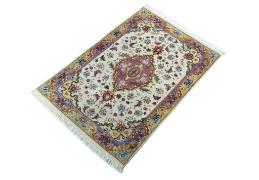 Corner detail of 2000s Tabriz 50/60/70 Raj rug showing border pattern and Cork pile