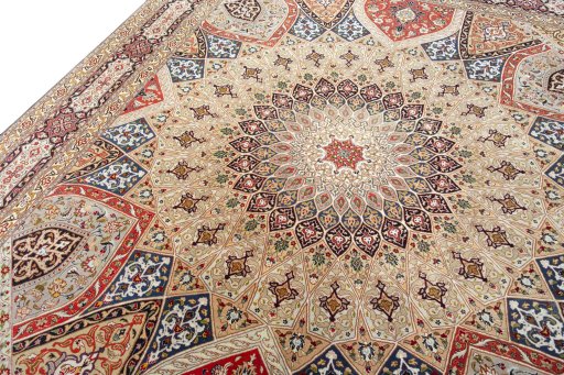 Backside of handmade New Tabriz 50/60/70 Raj rug showing knot structure and weave density