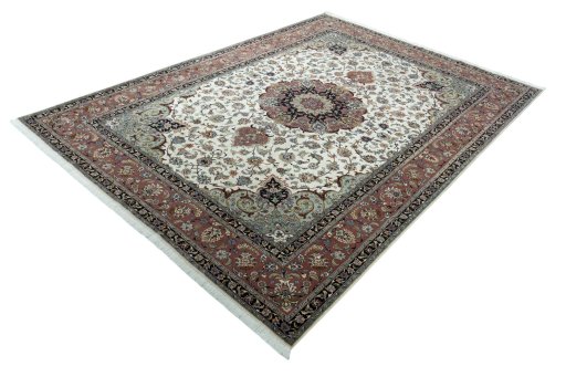 Corner detail of New Tabriz 50/60/70 Raj rug showing border pattern and Cork pile
