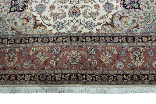 Full view of New Tabriz 50/60/70 Raj rug from Iran / Persia, 352 × 253 cm in Beige tones