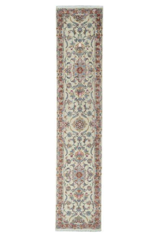 Full view of 2000s Tabriz 50/60/70 Raj rug from Iran / Persia, 397 × 83 cm in Beige tones