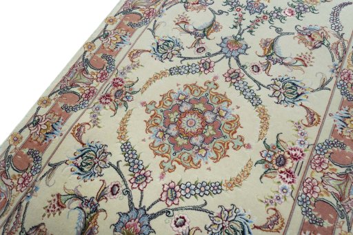 Backside of handmade 2000s Tabriz 50/60/70 Raj rug showing knot structure and weave density