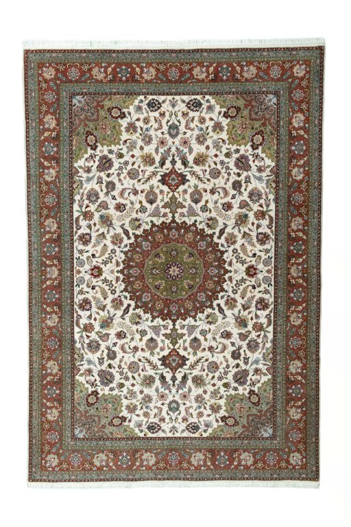 Full view of 2000s Tabriz 50/60/70 Raj rug from Iran / Persia, 301 × 205 cm in Beige tones