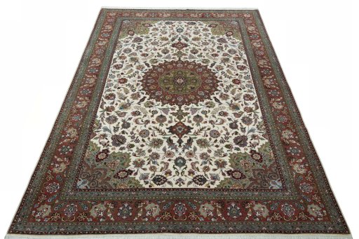 Surface texture of 2000s Tabriz 50/60/70 Raj rug with natural Cork and intricate pattern