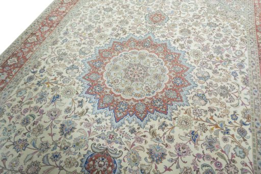 Backside of handmade 2000s Tabriz 50/60/70 Raj rug showing knot structure and weave density