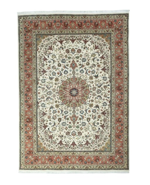 Full view of New Tabriz 50/60/70 Raj rug from Iran / Persia, 360 × 253 cm in Beige tones