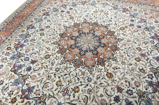 Backside of handmade New Tabriz 50/60/70 Raj rug showing knot structure and weave density