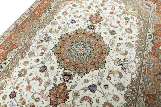 Backside of handmade New Tabriz 50/60/70 Raj rug showing knot structure and weave density