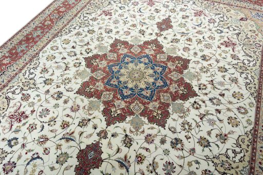 Backside of handmade 2000s Tabriz 50/60/70 Raj rug showing knot structure and weave density