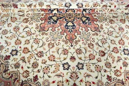 Full view of 2000s Tabriz 50/60/70 Raj rug from Iran / Persia, 298 × 294 cm in Beige tones