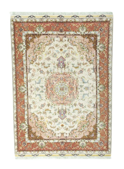 Full view of 2000s Tabriz 50/60/70 Raj rug from Iran / Persia, 213 × 150 cm in Beige tones