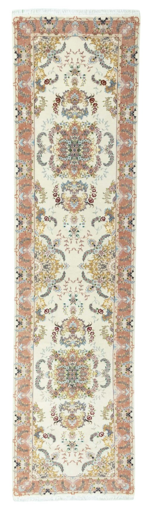 Full view of New Tabriz 50/60/70 Raj rug from Iran / Persia, 340 × 87 cm in Beige tones