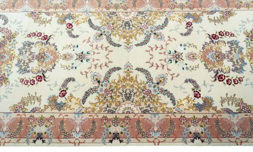 Full view of New Tabriz 50/60/70 Raj rug from Iran / Persia, 340 × 87 cm in Beige tones