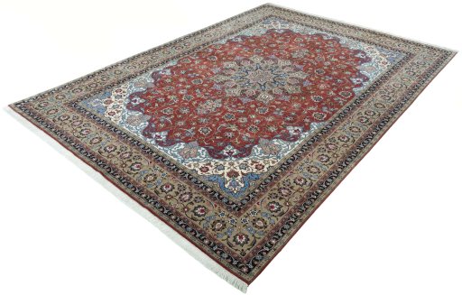 Corner detail of 2000s Tabriz 50/60/70 Raj rug showing border pattern and Cork pile