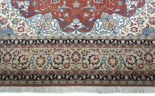 Full view of 2000s Tabriz 50/60/70 Raj rug from Iran / Persia, 354 × 251 cm in Red tones