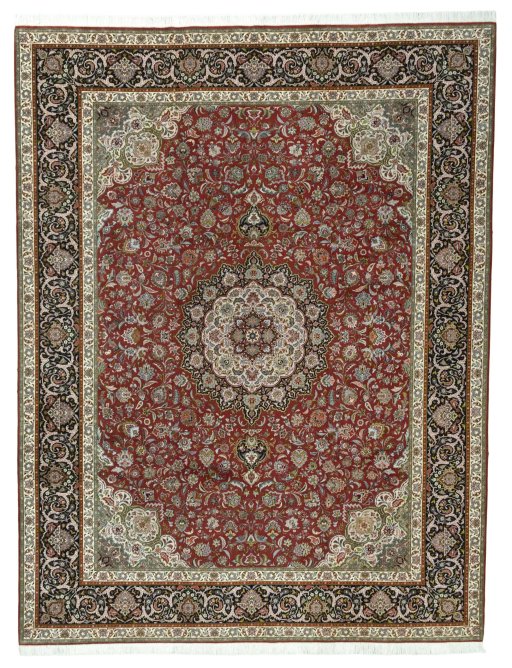 Full view of 2000s Tabriz 50/60/70 Raj rug from Iran / Persia, 390 × 300 cm in Red tones