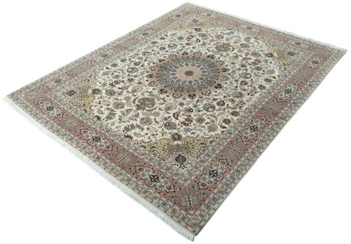 Corner detail of 2000s Tabriz 50/60/70 Raj rug showing border pattern and Cork pile