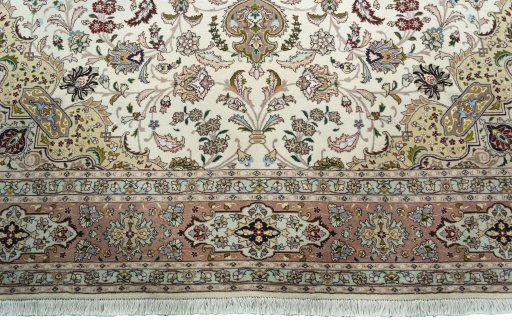 Full view of 2000s Tabriz 50/60/70 Raj rug from Iran / Persia, 252 × 201 cm in Beige tones