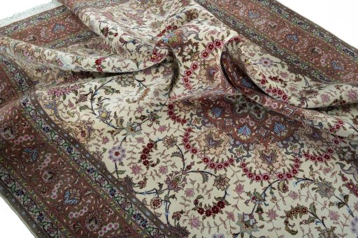 Surface texture of 2000s Tabriz 50/60/70 Raj rug with natural Cork and intricate pattern