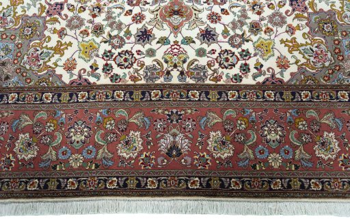 Full view of 2000s Tabriz 50/60/70 Raj rug from Iran / Persia, 256 × 252 cm in Beige tones