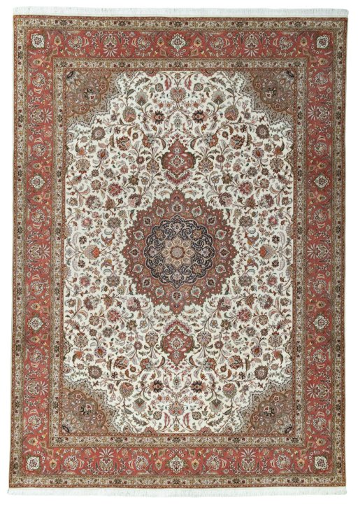 Full view of 2000s Tabriz 50/60/70 Raj rug from Iran / Persia, 352 × 248 cm in Beige tones