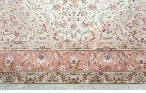 Full view of 2000s Tabriz 50/60/70 Raj rug from Iran / Persia, 354 × 245 cm in Beige tones